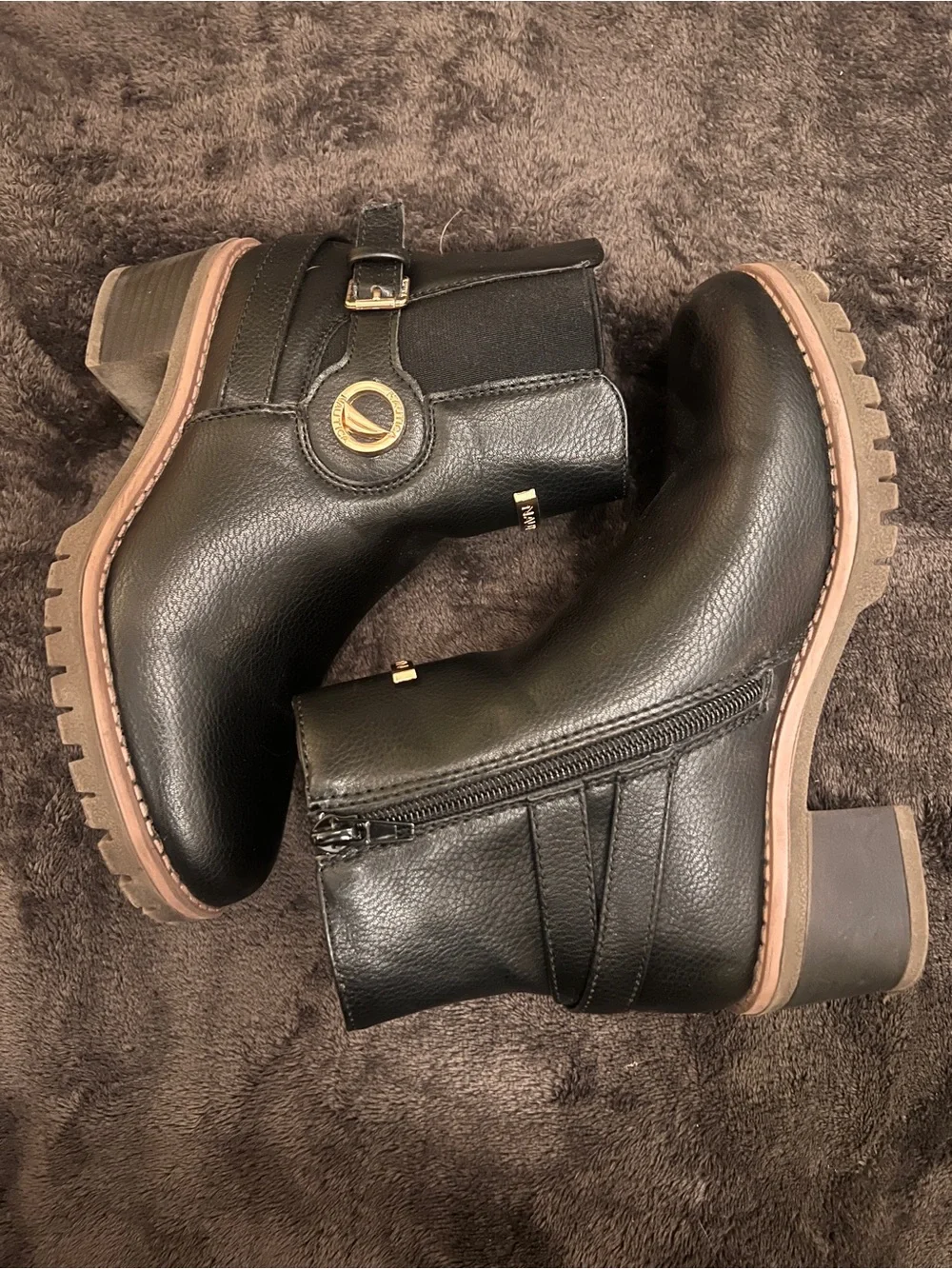 Nautica Black Ankle Boots with Gold Logo Plaques